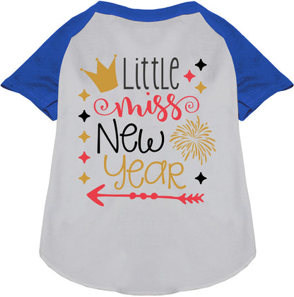 Blue Little Miss New Year pet raglan shirt with crown design