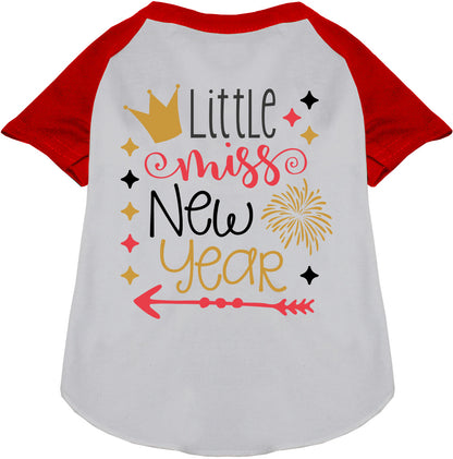 Red Little Miss New Year pet raglan shirt with crown design