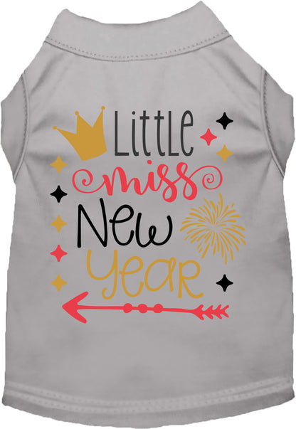 Gray Little Miss New Year pet shirt with festive graphics