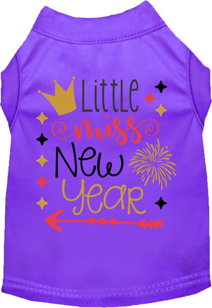 Purple Little Miss New Year pet shirt with crown and fireworks