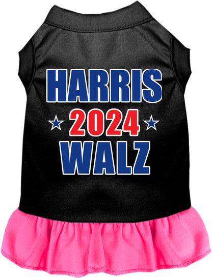 Black Harris Walz 2024 pet dress with pink ruffled skirt