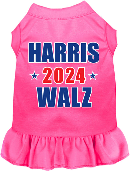 Bright pink Harris Walz 2024 pet dress with ruffled skirt