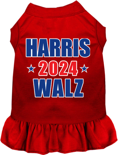 Red Harris Walz 2024 pet dress with ruffled skirt