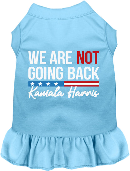 Blue pet dress with 'We Are Not Going Back' slogan