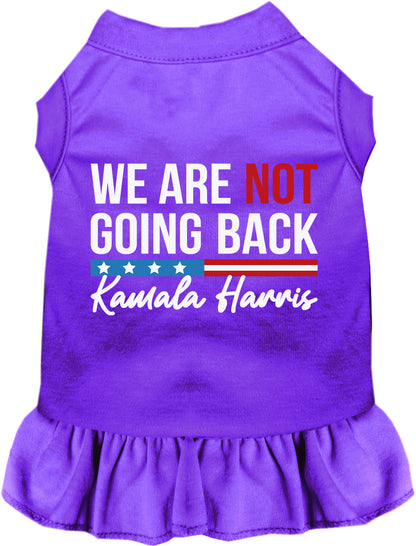 Purple pet dress with 'We Are Not Going Back' slogan