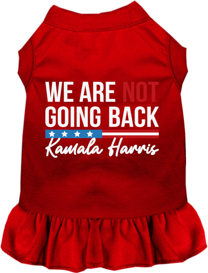 Red pet dress with 'We Are Not Going Back' slogan