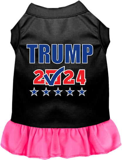 Black Trump 2024 pet dress with bright pink skirt