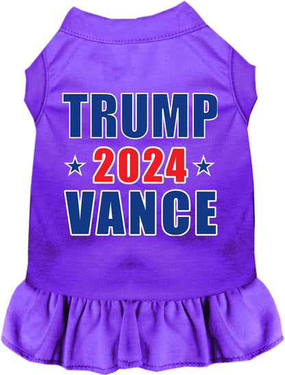 Purple Trump Vance 2024 pet dress with ruffled skirt