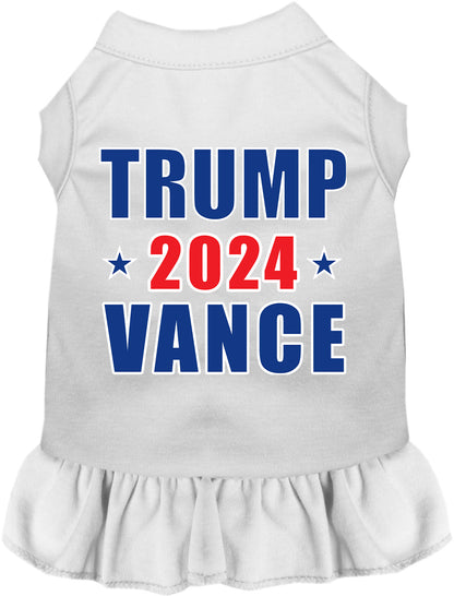 White Trump Vance 2024 pet dress with ruffled skirt