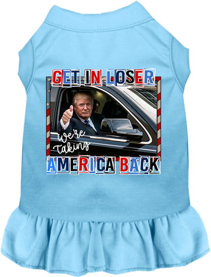 Blue pet dress with 'Taking Back America' design