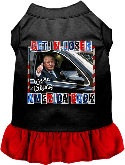 Red pet dress with 'Taking Back America' design