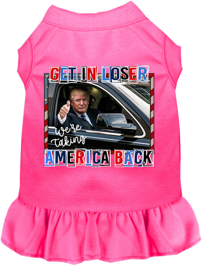 Bright pink pet dress with 'Taking Back America' design