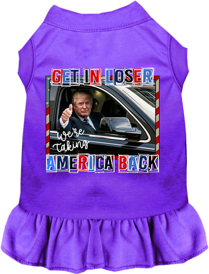 Purple pet dress with 'Taking Back America' design