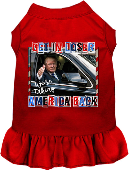 Red pet dress with 'Taking Back America' design