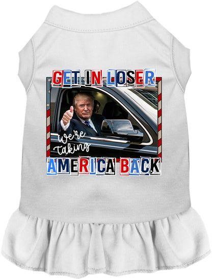 White pet dress with 'Taking Back America' design