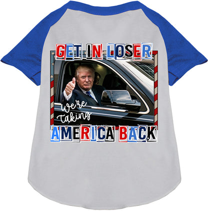 Trump Taking Back America pet raglan shirt, blue sleeves