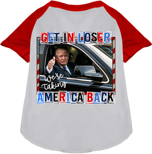 Trump Taking Back America pet raglan shirt, red sleeves