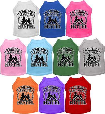 Colorful pet shirts with '5 Billion Star Hotel' design