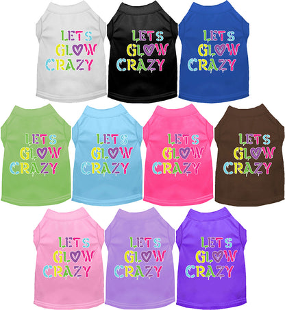 Retro neon pet shirts with 'Let's Glow Crazy' design.