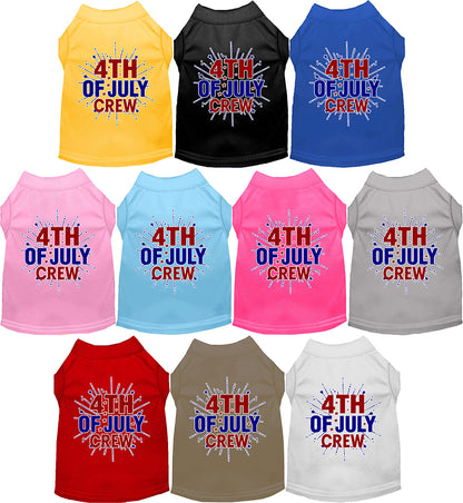 Patriotic pet shirts with '4th of July Crew' design in various colors.