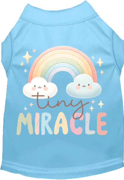 Blue 'Tiny Miracle' pet shirt with rainbow design.