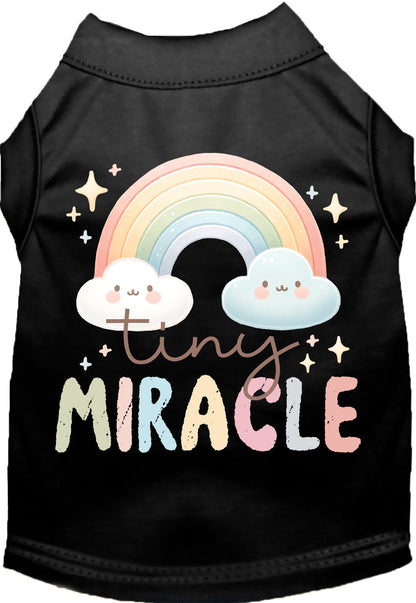 Black 'Tiny Miracle' pet shirt with rainbow design.