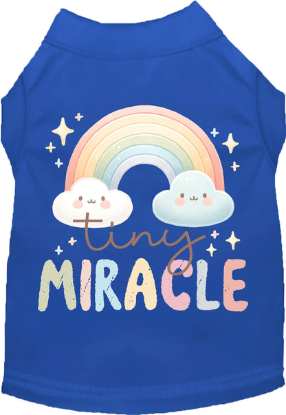 Royal blue 'Tiny Miracle' pet shirt with rainbow design.