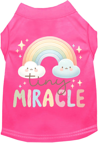 Hot pink 'Tiny Miracle' pet shirt with rainbow design.