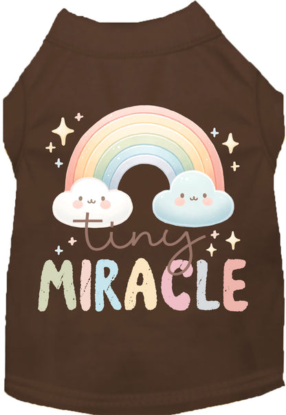 Brown 'Tiny Miracle' pet shirt with rainbow design.