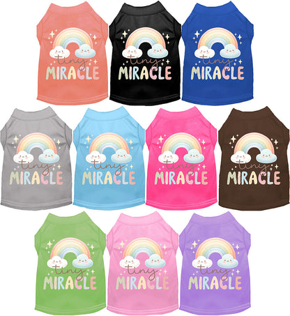 Colorful 'Tiny Miracle' pet shirts in various colors.