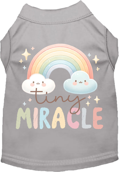 Gray 'Tiny Miracle' pet shirt with rainbow design.