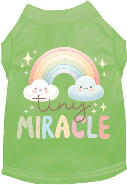 Green 'Tiny Miracle' pet shirt with rainbow design.