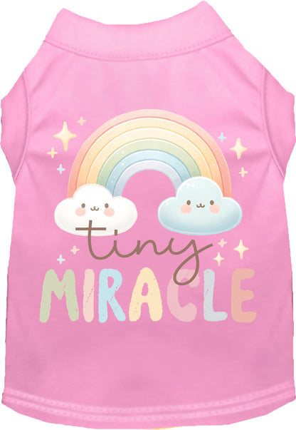 Pink 'Tiny Miracle' pet shirt with rainbow design.