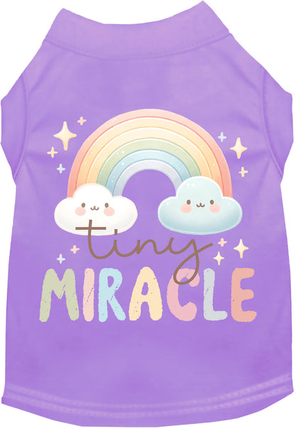 Purple 'Tiny Miracle' pet shirt with rainbow design.