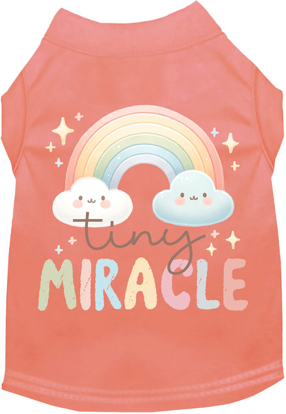 Orange 'Tiny Miracle' pet shirt with rainbow design.