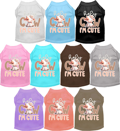 Colorful pet shirts with 'Holy Cow, I'm Cute' design