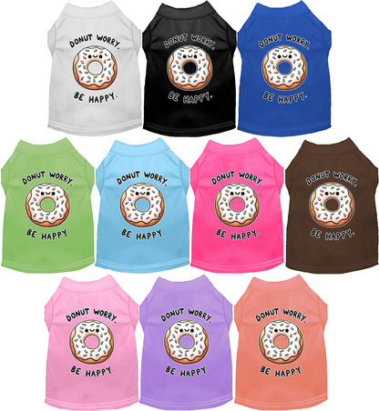 Colorful pet shirts with 'Donut Worry, Be Happy' design