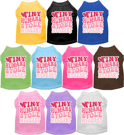 Colorful pet shirts with 'Tiny Humans Stole My Heart' design