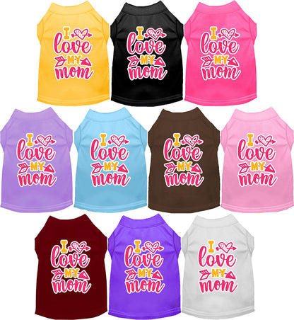 Colorful pet shirts with 'I Love My Mom' design