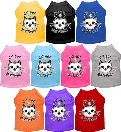 Adorable pet shirt with 'Cat Got Your Tongue' design in various colors