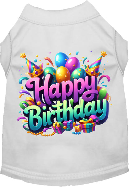 White pet shirt with 'Happy Birthday' design