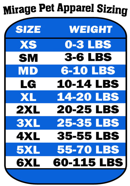 Mirage Pet Apparel sizing chart for pet shirts