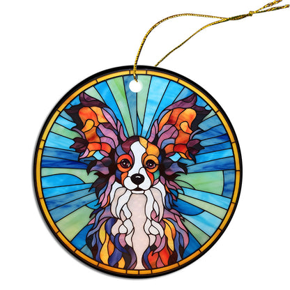 Adorno navideño de raza de perro estilo vidriera, "Papillon"