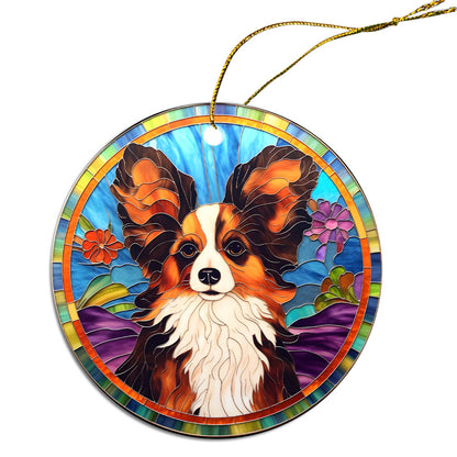 Adorno navideño de raza de perro estilo vidriera, "Papillon"