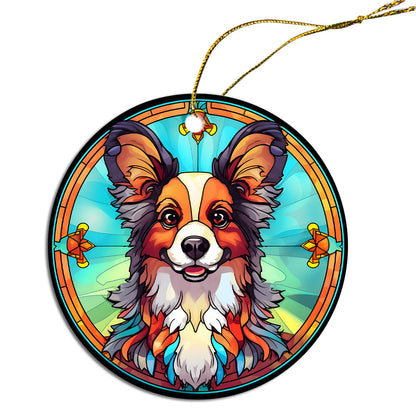 Adorno navideño de raza de perro estilo vidriera, "Papillon"