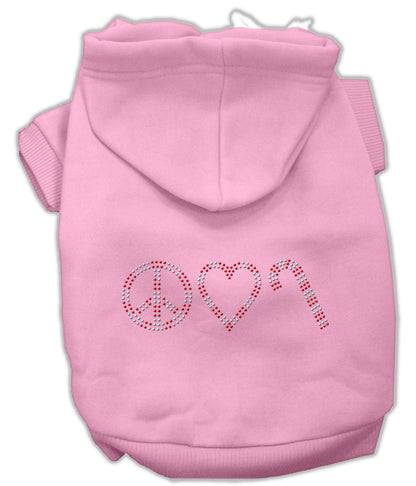 Sudadera con capucha navideña para perros y gatos con diamantes de imitación, "Paz, amor y bastones de caramelo"