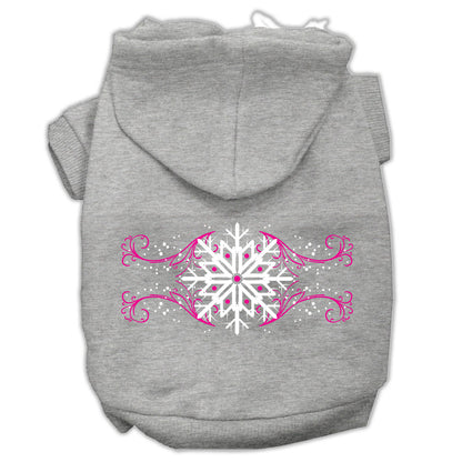 Sudadera con capucha navideña para perros y gatos serigrafiada, "Remolinos de copos de nieve rosados"