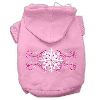 Sudadera con capucha navideña para perros y gatos serigrafiada, "Remolinos de copos de nieve rosados"