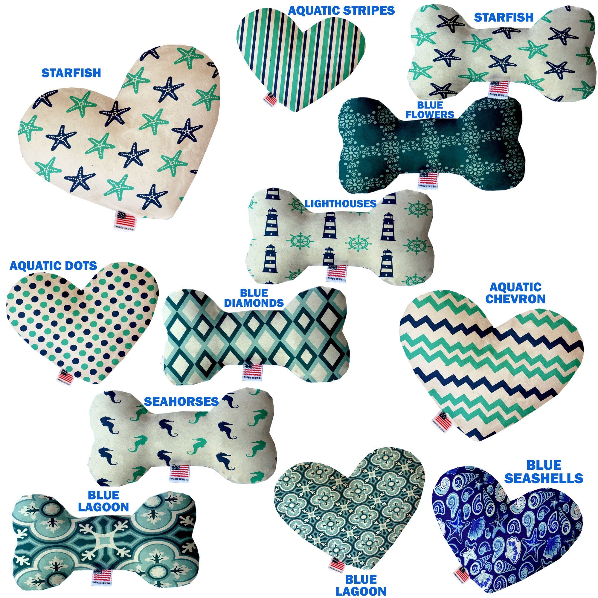 Pet and Dog Canvas or Plush Heart or Bone Toy, "Nautical Group" (Available in different sizes, and 10 different pattern options!)