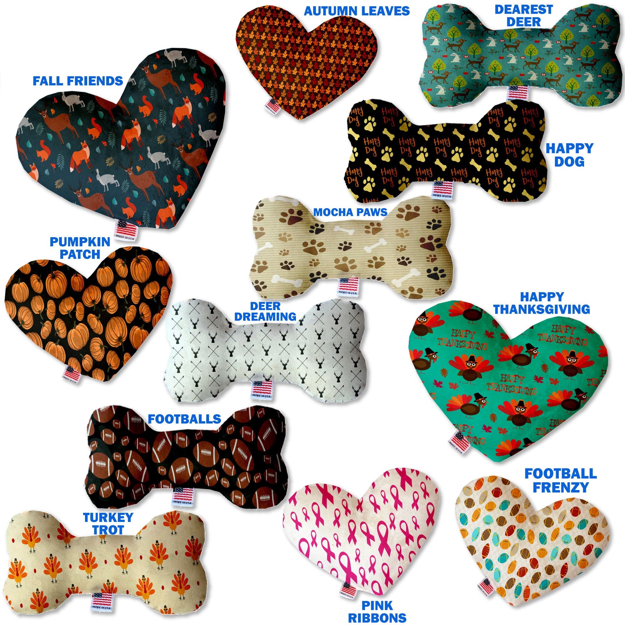 Pet and Dog Canvas or Plush Heart or Bone Toy, "Fall Harvest Group" (Available in different sizes, and 12 different pattern options!)